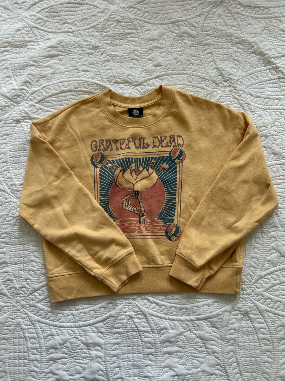Grateful Dead Mustard Yellow Crewneck Sweatshirt with Retro Floral Graphic